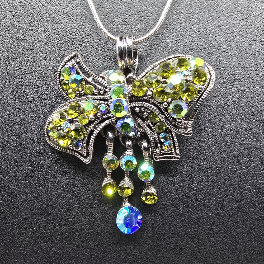 Y2K Rhinestone Bow Necklace Green Aurora Borealis Iridescent Dangle Statement